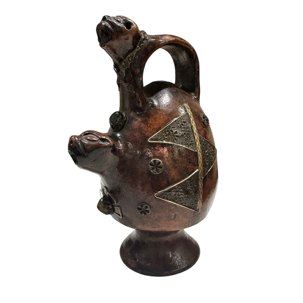 Vintage Peruvian Inca Jaguar Clay Jug Folk Art Ritual Tribal Art